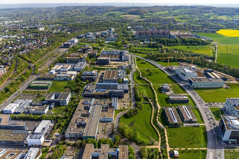 Aerial view, Rheinisch-Westfälische Technische Hochschule Aachen, University RWTH Campus Melaten Nord, scientific research location, Campus-Boulevard, Vaalserquartier, Aachen, Rhineland, North Rhine-Westphalia, Germany, RWTH, Campus Melaten Nord, research, scientific, university, education, architecture, building, education, science, technology, green spaces, streets, city, urban, infrastructure, educational institution, higher education, academic, development, innovation, aerial view