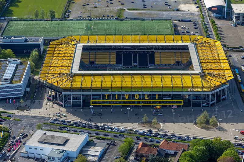 Aerial view, Aachener Tivoli, football stadium at Sportpark Soers, home ground of Alemannia Aachen football club, Laurensberg, Aachen, Rhineland, North Rhine-Westphalia, Germany, football stadium, Sportpark Soers, home ground, football club, Alemannia Aachen, architecture, sport, leisure, Panorama, Green space, Game, Competition, Urban, Team sport, Arena, Exterior view, Daylight, Outdoor, Structure, Venue, Urban, Infrastructure, Sports facility, Wide angle, Landscape, Capacity, Major event, Event, Cohesion, Community, Fans, Culture