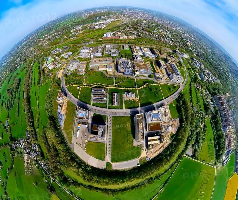 Aerial view, Rheinisch-Westfälische Technische Hochschule Aachen, University RWTH Campus Melaten Nord, scientific research location, campus boulevard, earth globe, fisheye image, fisheye image, 360 degree image, tiny world, little planet, fisheye image, Vaalserquartier, Aachen, Lower Rhine, North Rhine-Westphalia, Germany, RWTH Campus Melaten Nord, fisheye image, 360-degree image, university, research, education, architecture, city view, urban, panorama, innovative, technology, science, educational institution, university campus, green spaces, trees, streets, buildings, modern, perspective, technology