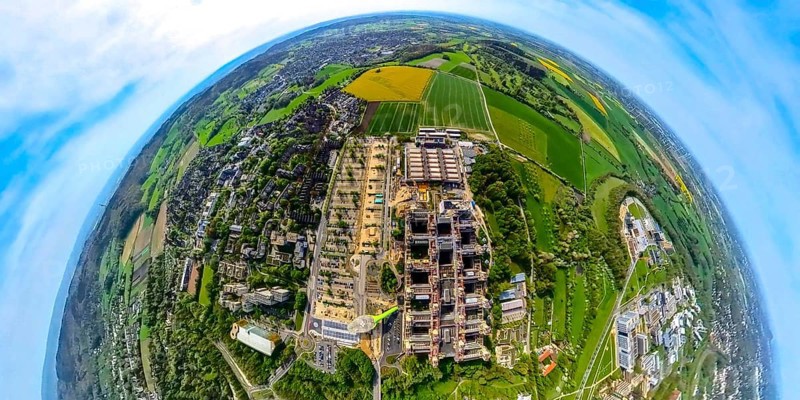Aerial view, Rheinisch-Westfälische Technische Hochschule Aachen, University RWTH Campus Melaten Süd, university hospital, scientific research location, Pauwelsstraße, earth globe, fisheye image, fisheye image, 360 degree image, tiny world, little planet, fisheye image, Vaalserquartier, Aachen, Lower Rhine, North Rhine-Westphalia, Germany, university, RWTH Campus Melaten Süd, fisheye, fisheye image, 360-degree image, tiny world, little planet, fisheye image, education, research, architecture, cityscape, panorama, technology, innovation, healthcare, educational institution, city view, science