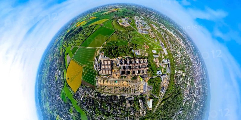 Aerial view, Rheinisch-Westfälische Technische Hochschule Aachen, University RWTH Campus Melaten Süd, university hospital, scientific research location, Pauwelsstraße, earth globe, fisheye image, fisheye image, 360 degree image, tiny world, little planet, fisheye image, Vaalserquartier, Aachen, Lower Rhine, North Rhine-Westphalia, Germany, university, RWTH Campus Melaten Süd, fisheye, 360 degree, education, research, medicine, science, architecture, city, cityscape, panorama, view, landscape, perspective, effect, urban, educational institution