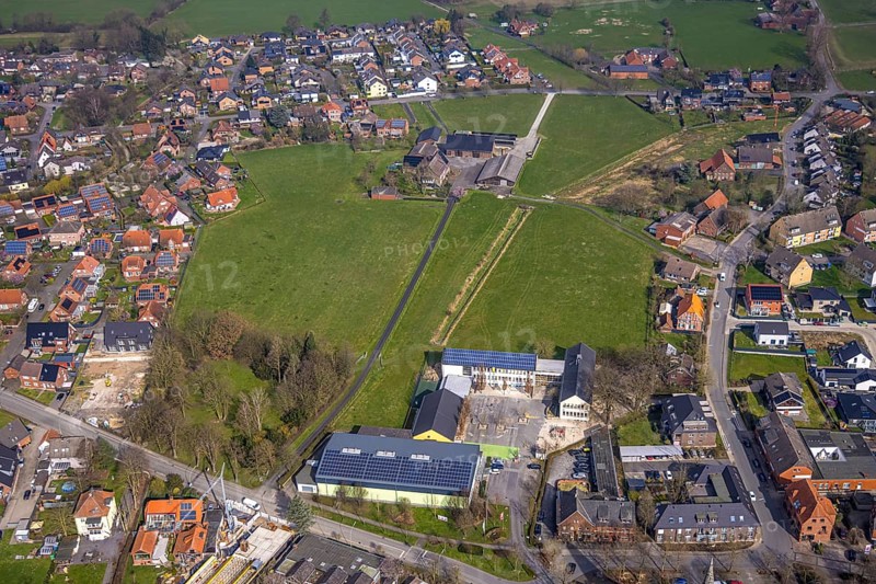 Aerial view, meadow area and planned building area between Hof Northoff and catholic Lambertischule primary school, Lambertistrasse Lambertischule primary school, Lambertistraße, residential area, Ahlen, Dolberg, Ruhr area, Germany, meadow area, planned building area, Hof Northoff, catholic Lambertischule, primary school, fields, green areas, development, urban planning, development, infrastructure, landscape, urbanisation, planning, city, settlement, building project, aerial view, architecture, school, educational institution, municipality, housing, spatial planning, green zone, rural, urban, educational institution, land use, redesign
