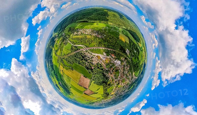 Aerial view, Altenbekener Viaduct, Adenauerstraße, railway viaduct bridge construction, also called Bekeviaduct or Great Viaduct, residential area Am Stapelsberg with meadows and fields, earth globe, fisheye image, 360 degree image, tiny world, little planet, fisheye image, Altenbeken, East Westphalia, North Rhine-Westphalia, Germany, railway viaduct, bridge construction, Bekeviaduct, large viaduct, residential area, Stapelsberg, meadows, fields, architecture, railway, panorama, perspective, landscape, village, infrastructure, bridge, rural, construction, engineering, transport, railway bridge, region