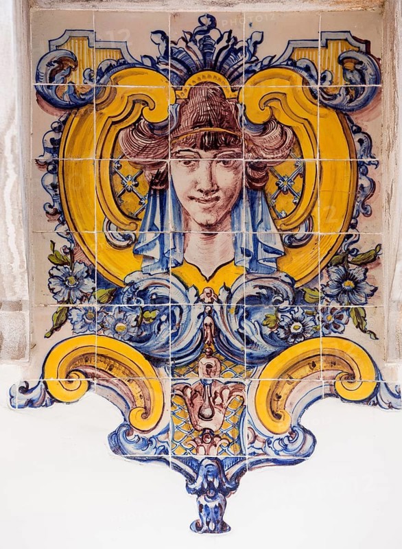 Painted tiles with female heads in Art Nouveau style, Azulejos, Lisbon, Lisbon, Portugal