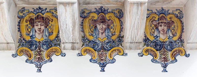Painted tiles with female heads in Art Nouveau style, Azulejos, Lisbon, Lisbon, Portugal
