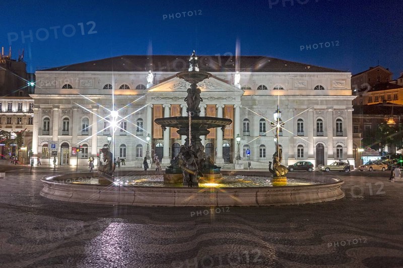 National Theatre D. Maria II, fountain, Praça do Rossio, paving stones in wave form, wave pattern, Lisbon, Lisbon district, Portugal