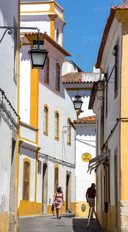 Alley in Evora with lanterns, Evora, Évora district, Portugal