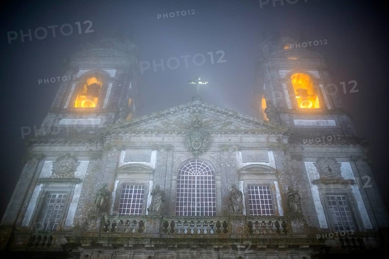 Bom Jesus do Monte, pilgrimage church of Braga in the evening fog, Braga, Braga district, Portugal, Europe, aerial view, birds-eyes view, travel, travel photography