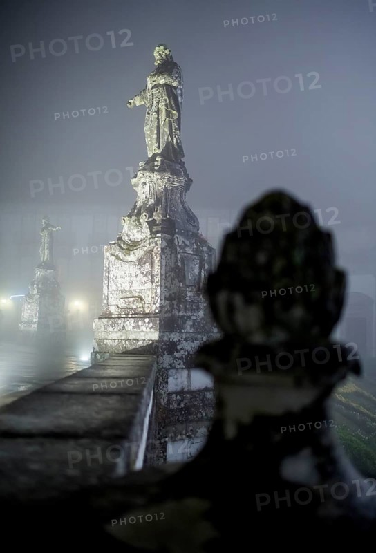 Bom Jesus do Monte, pilgrimage church of Braga in the evening fog, Braga, Braga district, Portugal, Europe, aerial view, birds-eyes view, travel, travel photography