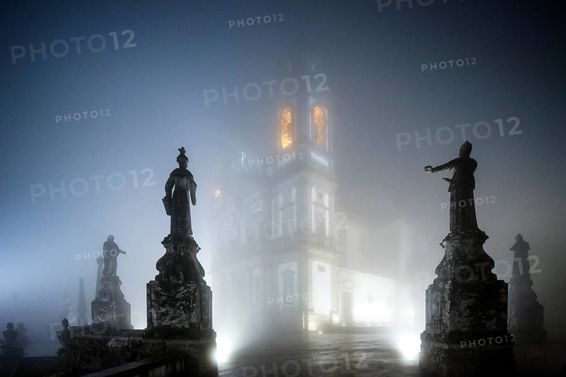 Bom Jesus do Monte, pilgrimage church of Braga in the evening fog, Braga, Braga district, Portugal, Europe, aerial view, birds-eyes view, travel, travel photography