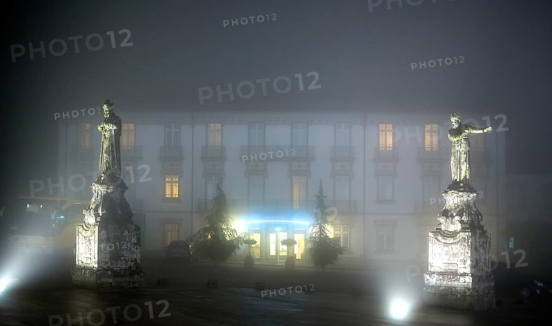 Bom Jesus do Monte Hotel next to the pilgrimage church of Braga in the evening fog, Braga, Braga district, Portugal, Europe, aerial view, birds-eyes view, Travel, Travel photography