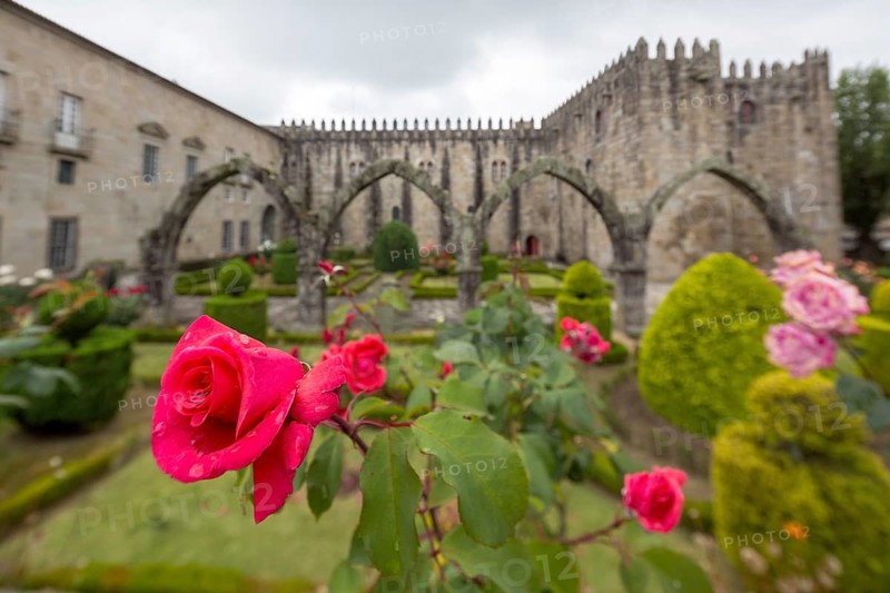 Jardim de Santa Barbara borders the crenellated facade of Antigo Paco Episcopal, former archiepiscopal palace, Braga, Braga district, Portugal, Europe, aerial view, birds-eyes view, Travel, Travel Photography