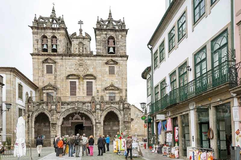 Facade of Braga Cathedral, Braga, Braga district, Portugal, Europe, aerial view, birds-eyes view, travel, travel photography