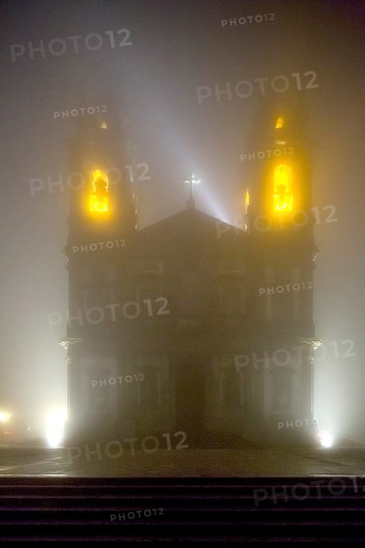 Bom Jesus do Monte, pilgrimage church of Braga in the evening fog, Braga, Braga district, Portugal, Europe, aerial view, birds-eyes view, travel, travel photography