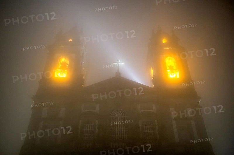Bom Jesus do Monte, pilgrimage church of Braga in the evening fog, Braga, Braga district, Portugal, Europe, aerial view, birds-eyes view, travel, travel photography