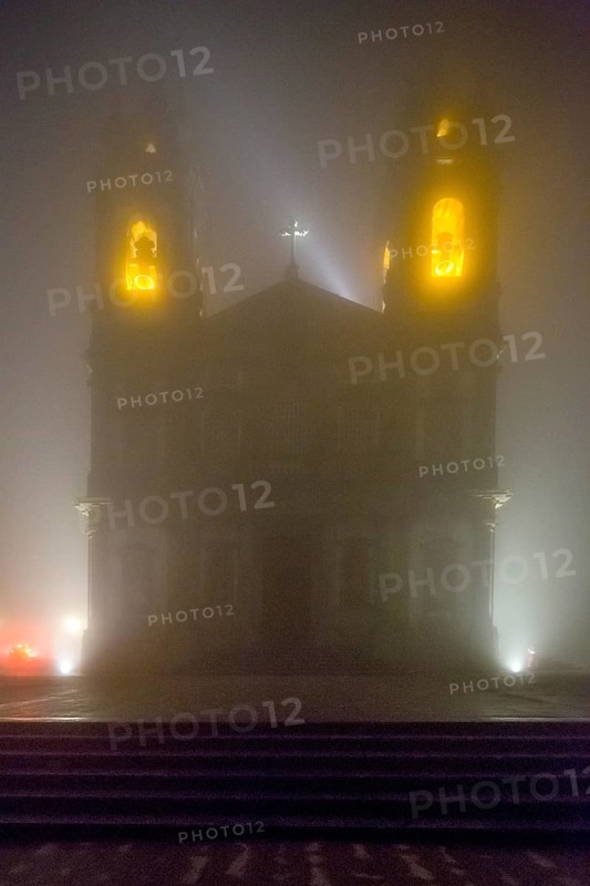 Bom Jesus do Monte, pilgrimage church of Braga in the evening fog, Braga, Braga district, Portugal, Europe, aerial view, birds-eyes view, travel, travel photography