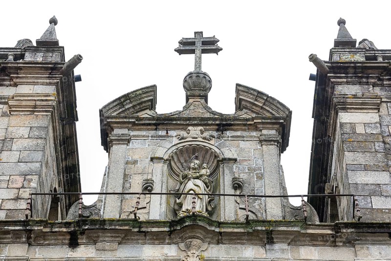 Facade of Braga Cathedral, Braga, Braga district, Portugal, Europe, aerial view, birds-eyes view, travel, travel photography