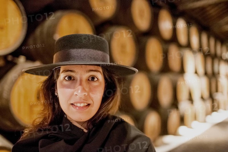 Classic travel guide with student robe, zorro hat and cape, port wine barrels, wine cellar of the Sandemann winery in Gaia, Porto, Vila Nova de Gaia, Porto district, Portugal, Europe, aerial view, birds-eyes view, Travel, travel photography