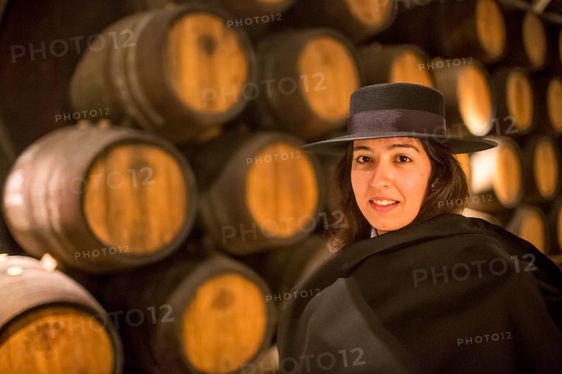 Classic travel guide with student robe, zorro hat and cape, port wine barrels, wine cellar of the Sandemann winery in Gaia, Porto, Vila Nova de Gaia, Porto district, Portugal, Europe, aerial view, birds-eyes view, Travel, travel photography