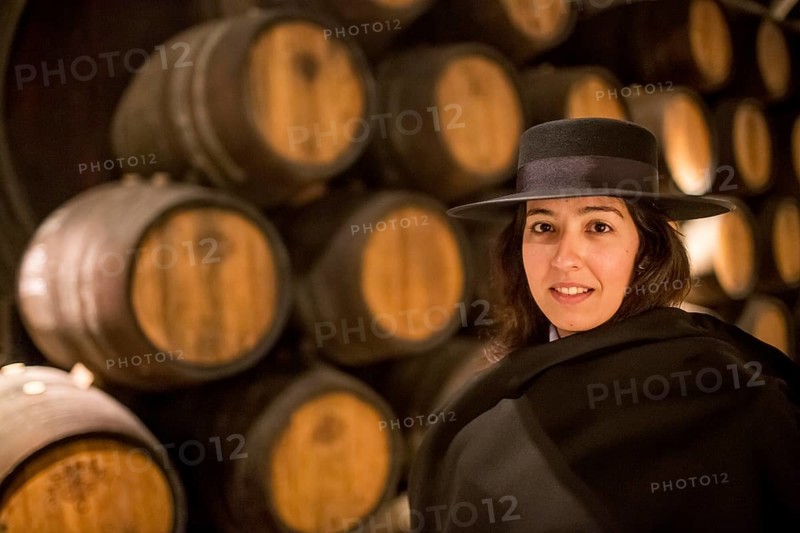 Classic travel guide with student robe, zorro hat and cape, port wine barrels, wine cellar of the Sandemann winery in Gaia, Porto, Vila Nova de Gaia, Porto district, Portugal, Europe, aerial view, birds-eyes view, Travel, travel photography
