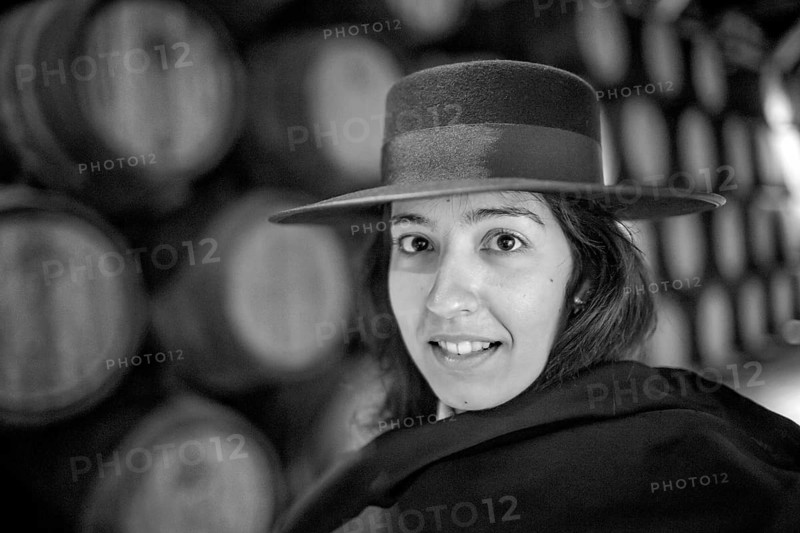 Classic travel guide with student robe, zorro hat and cape, port wine barrels, wine cellar of the Sandemann winery in Gaia, Porto, Vila Nova de Gaia, Porto district, Portugal, Europe, aerial view, birds-eyes view, Travel, travel photography