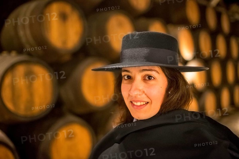 Classic travel guide with student robe, zorro hat and cape, port wine barrels, wine cellar of the Sandemann winery in Gaia, Porto, Vila Nova de Gaia, Porto district, Portugal, Europe, aerial view, birds-eyes view, Travel, travel photography