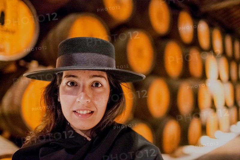 Classic travel guide with student robe, zorro hat and cape, port wine barrels, wine cellar of the Sandemann winery in Gaia, Porto, Vila Nova de Gaia, Porto district, Portugal, Europe, aerial view, birds-eyes view, Travel, travel photography
