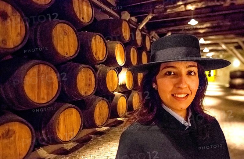 Classic travel guide with student robe, zorro hat and cape, port wine barrels, wine cellar of the Sandemann winery in Gaia, Porto, Vila Nova de Gaia, Porto district, Portugal, Europe, aerial view, birds-eyes view, Travel, travel photography