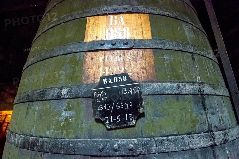 Port wine barrels, wine cellar of the Sandemann winery in Gaia, Porto, Vila Nova de Gaia, Porto district, Portugal, Europe, aerial view, birds-eyes view, travel, travel photography