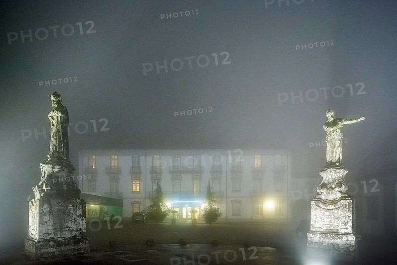 Bom Jesus do Monte Hotel next to the pilgrimage church of Braga in the evening fog, Braga, Braga district, Portugal, Europe, aerial view, birds-eyes view, Travel, Travel photography