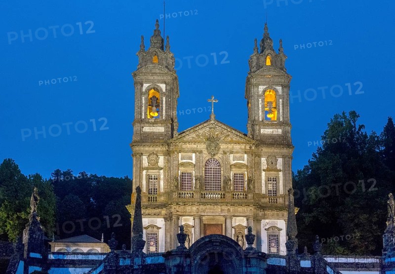 Bom Jesus do Monte, blue hour, night shot, pilgrimage church of Braga, Braga, Braga district, Portugal, Europe, aerial view, birds-eyes view, travel, travel photography