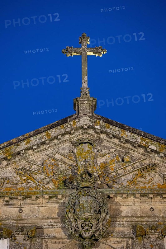 Cross of Bom Jesus do Monte, blue hour, pilgrimage church of Braga, Braga, district of Braga, Portugal, Europe, aerial view, birds-eyes view, travel, travel photography