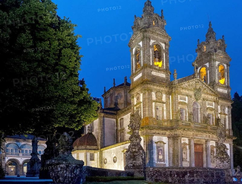 Bom Jesus do Monte, blue hour, night shot, pilgrimage church of Braga, Braga, Braga district, Portugal, Europe, aerial view, birds-eyes view, travel, travel photography