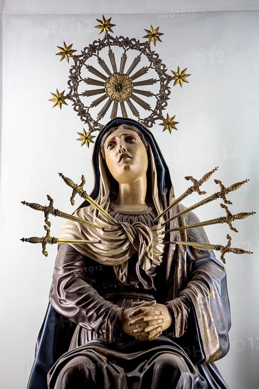 Statue of the Virgin Mary, Bom Jesus do Monte, pilgrimage church of Braga, Braga, Braga district, Portugal, Europe, aerial view, birds-eyes view, Travel, travel photography