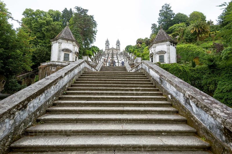 Stairway of the Five Senses, Bom Jesus do Monte, Pilgrimage Church of Braga, Braga, Braga District, Portugal, Europe, aerial view, birds-eyes view, Travel, Travel Photography