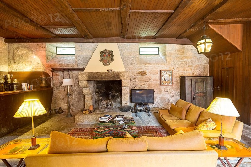 Fireplace room, Casa de Sezim, Grande Escolha winery in the Minho region, the garden of Portugal, Guimaraes, Braga district, Portugal, Europe, aerial view, birds-eyes view, travel, travel photography