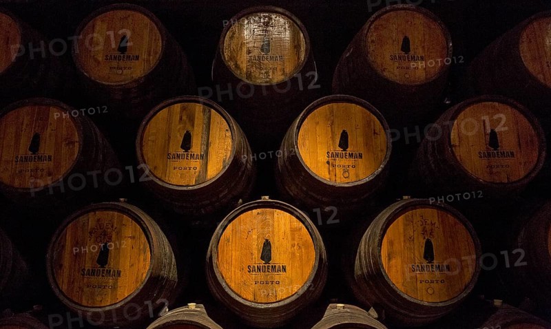 Port wine barrels, wine cellar of the Sandemann winery in Gaia, Porto, Vila Nova de Gaia, Porto district, Portugal, Europe, aerial view, birds-eyes view, travel, travel photography