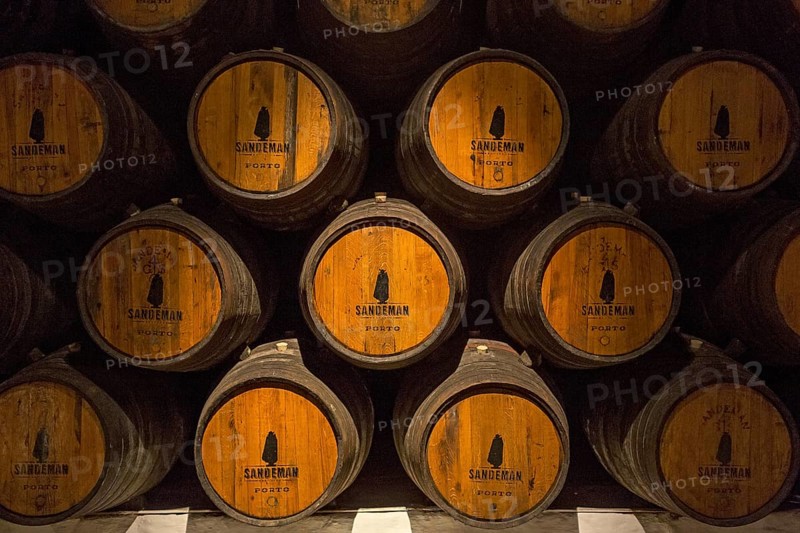 Port wine barrels, wine cellar of the Sandemann winery in Gaia, Porto, Vila Nova de Gaia, Porto district, Portugal, Europe, aerial view, birds-eyes view, travel, travel photography