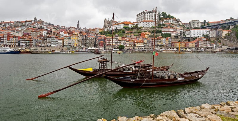 Historic wine transport ships on the Douro, colourful houses on the banks of the Douro in the Ribeira district, doors, Oporto, Porto district, Portugal, Europe, BlosseyPortugal, Vila Nova de Gaia, aerial view, birds-eyes view, Travel, travel photography