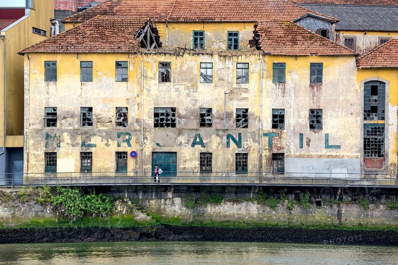 Old warehouse on the Douro, decay, labelling Mercantil, Oporto, Porto district, Portugal, Europe, aerial view, birds-eyes view, travel, travel photography
