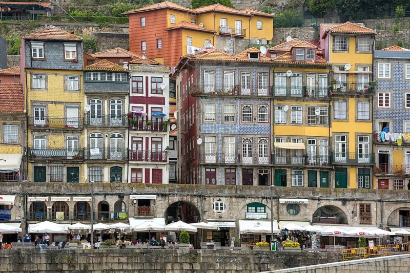 Colourful houses on the banks of the Douro in the Ribeira district, doors, Oporto, Porto district, Portugal, Europe, aerial view, birds-eyes view, travel, travel photography