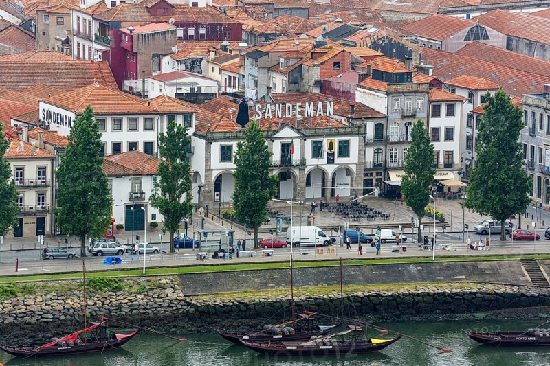 View over the Douro or Duero to the Gaia district, Vila Nova de Gaia, Sandeman, wine producer with winery, port wine, Oporto, Porto district, Portugal, Europe, BlosseyPortugal, aerial view, birds-eyes view, Travel, travel photography