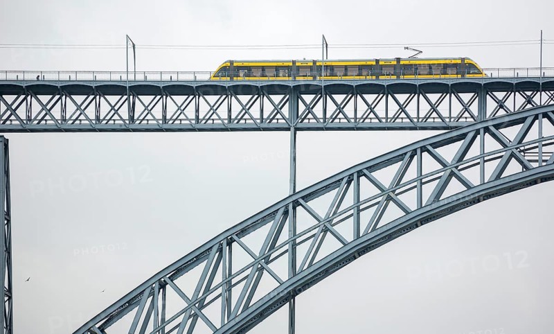 Ponte de Dom Luis I with Metro do Porto, light railway, double-decker bridge, Vila Nova de Gaia, Porto district, Portugal, Europe, aerial view, birds-eyes view, Travel, Travel photography