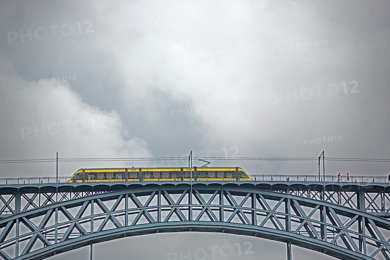 Ponte de Dom Luis I with Metro do Porto, light railway, double-decker bridge, Vila Nova de Gaia, Porto district, Portugal, Europe, aerial view, birds-eyes view, Travel, Travel photography