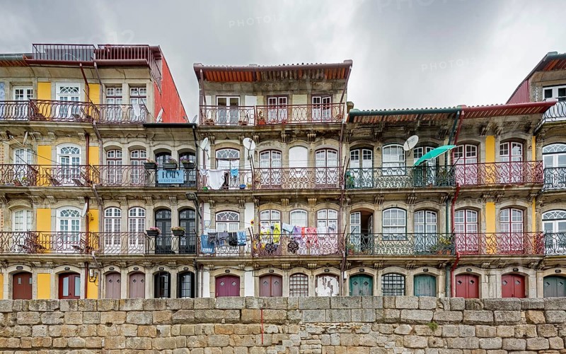 Colourful houses on the banks of the Douro in the Ribeira district, doors, Oporto, Porto district, Portugal, Europe, aerial view, birds-eyes view, travel, travel photography
