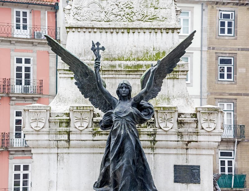 Angel figure in front of the stock exchange palace Palácio da Bolsa, Oporto, Porto district, Portugal, Europe, aerial view, birds-eyes view, travel, travel photography