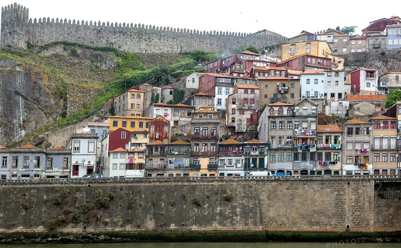Colourful houses on the banks of the Douro in the Ribeira district, doors, Oporto, Porto district, Portugal, Europe, Vila Nova de Gaia, aerial view, birds-eyes view, Travel, travel photography