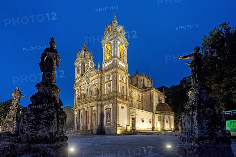 Bom Jesus do Monte, blue hour, night shot, pilgrimage church of Braga, Braga, Braga district, Portugal, Europe, aerial view, birds-eyes view, travel, travel photography