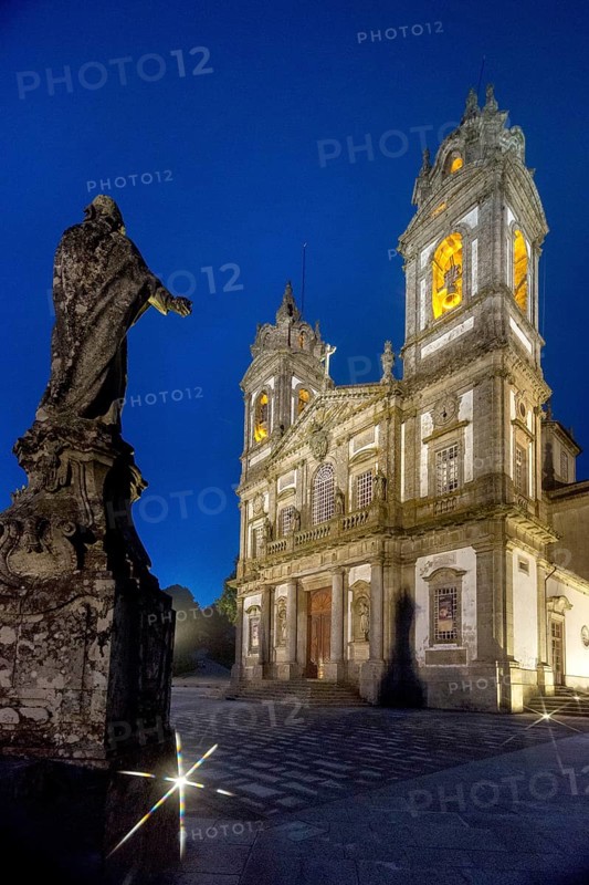 Bom Jesus do Monte, blue hour, night shot, pilgrimage church of Braga, Braga, Braga district, Portugal, Europe, aerial view, birds-eyes view, travel, travel photography