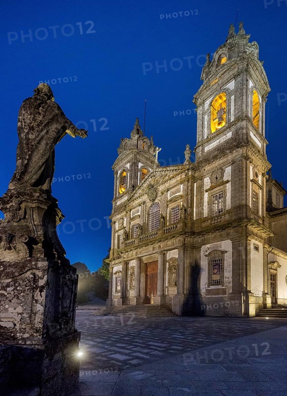 Bom Jesus do Monte, blue hour, night shot, pilgrimage church of Braga, Braga, Braga district, Portugal, Europe, aerial view, birds-eyes view, travel, travel photography